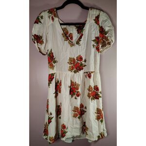 Topshop Baby Doll Floral Tea Dress US 6 Lined Zip Mini White V Neck Short Sleeve